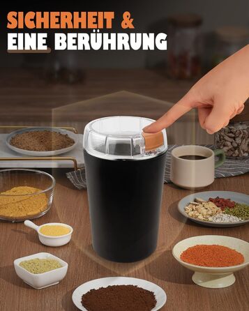 Електрична кавомолка 80г, потужний 350W двигун для кави та спецій, з регулюванням помелу, портативна, з щіткою для чищення, нержавіюча сталь, чорний