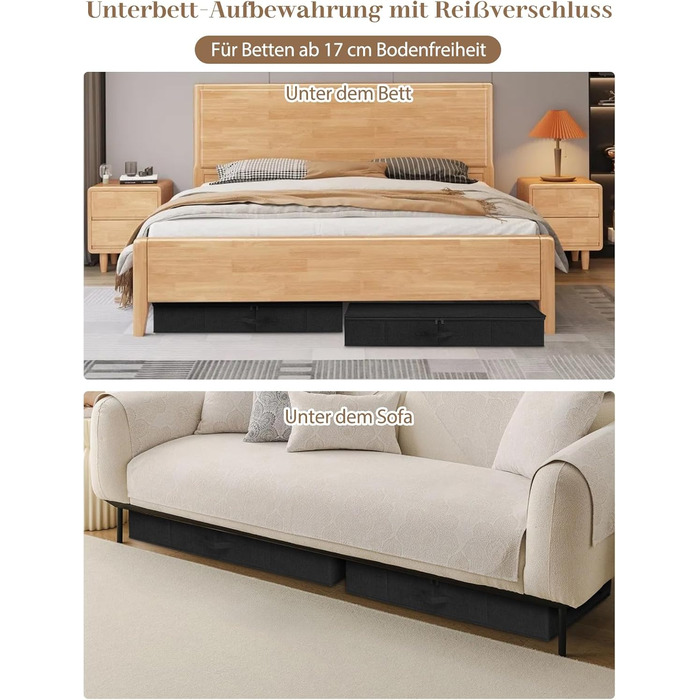 Коробки для зберігання під ліжко MePure, 2 шт. – 50л, складані, з кришкою та блискавкою, сірі. Підходять для одягу, ковдр, постільної білизни, подушок. Розмір 76×38×17 см