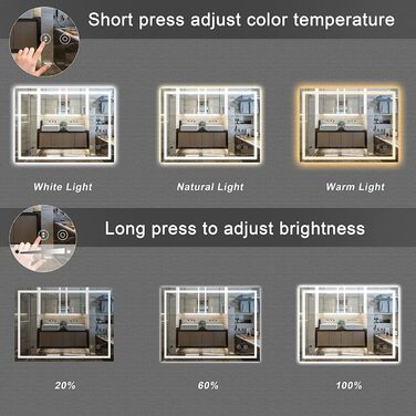 Дзеркало для ванної кімнати Dripex LED з підсвічуванням, сенсорне керування, регулювання яскравості, 3 кольори світла, антизапарник, 50x70 см