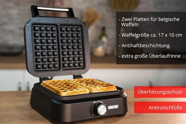 Вафельниця Unold 48275 Belgisches Waffeleisen Brüssel: подвійний автомат, регулювання температури, антипригарне покриття, 1500 Вт, чорний