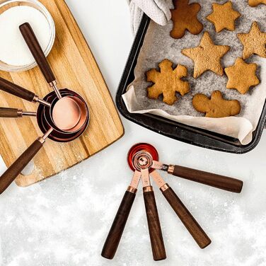 Measuring Cup and Spoon Set, Rose Gold Measuring Cups and Spoons, Stainless Steel Measuring Cups with Wooden Handle, Metal Measuring Cup Set for Cooking, Baking, 8 Pieces