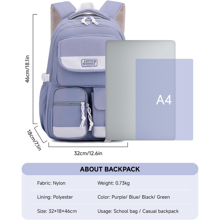 Рюкзак для підлітка, шкільний рюкзак для дівчинки з багатьма відділеннями, рюкзак для учнів 3-5 класів, середньої та старшої школи, нейлоновий рюкзак для подорожей та відпочинку, блакитний