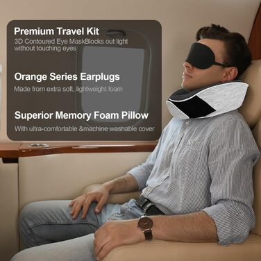 Подушка для шиї з піною з пам'яті Memory Foam, комплект з маскою для очей, берушами та чохлом, ергономічна туристична подушка (світло-сіра)