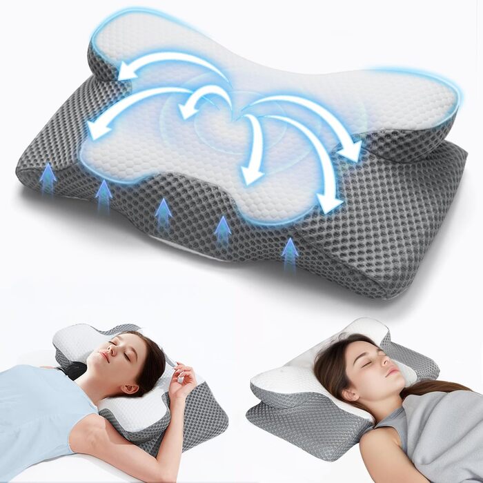 Ортопедична подушка для шиї з Memory Foam, Ergonomische, 2 висоти, для сну на боці, спині та животі, сірого кольору