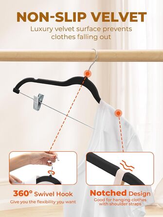 Набір вешалок для суконь та спідниць HOUSE DAY, 24 шт, чорні, з кліпсами, ультратонкі, антиковзаючі, економія місця