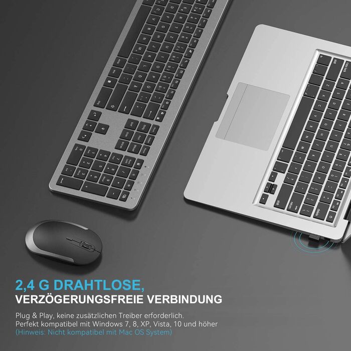 Бездротовий комплект клавіатури та миші Seenda SK38-3 Ultra-Dünne, Ергономічна клавіатура з захистом від пилу, DE QWERTZ, Чорний/Зелений