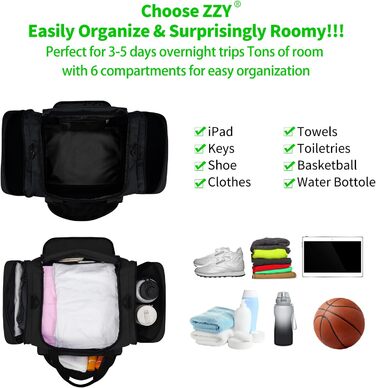 Sports Bag, Travel Bag, Fitness Bag with Shoulder Strap, Weekend Bag for Women and Men (Black, 40L)
