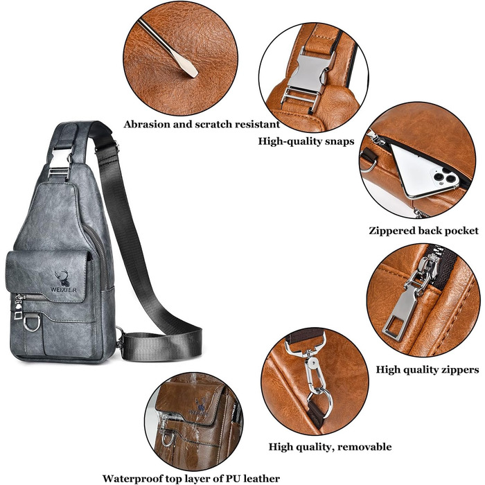 Чоловіча нагрудна сумка через плече з PU-шкіри, сіра (Wasserdicht)