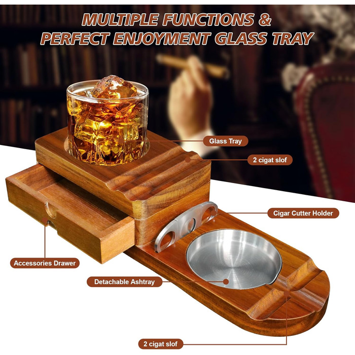 Wooden cigar ashtray, ashtray with whiskey tray and cigar holder + 1 cigar cutter, cigar humidor box with wine holder, for home, office or bar, men's birthday anniversary.