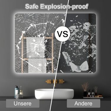 Дзеркало для ванної кімнати LED 50x70 см з підсвічуванням, сенсорне керування, регулювання яскравості, 3 кольори світла, без рамки