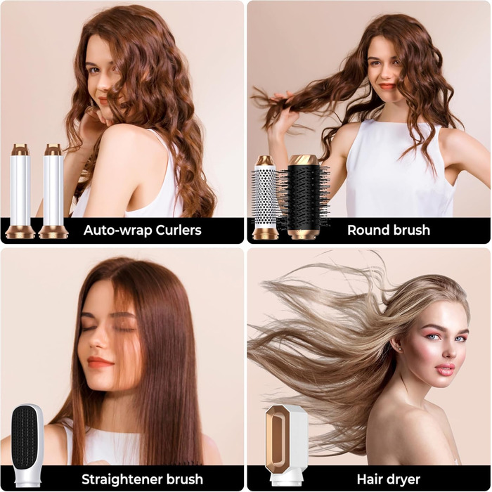 Air Styler 6 в 1: Набір для укладки волосся з фен-щіткою, дифузором та плойкою, для створення об'єму, локонів та випрямлення (сірий)