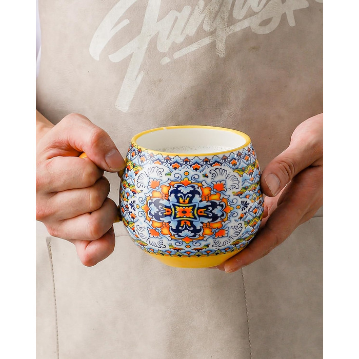 HENXFEN Cappuccino Cup Set, 600ml Porcelain Coffee Cups with Handle, Set of 6 Porcelain Cups for Tea, Coffee, Milk, Cappuccino with Pattern and Colorful - Bohemian Style