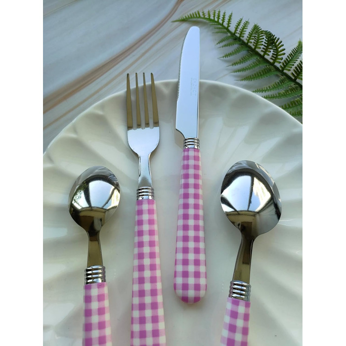 Набір столових приборів EXZACT з нержавіючої сталі, 24 штуки - ручки кольору гінгам - 6 виделок, 6 ножів, 6 ложок, 6 чайних ложок