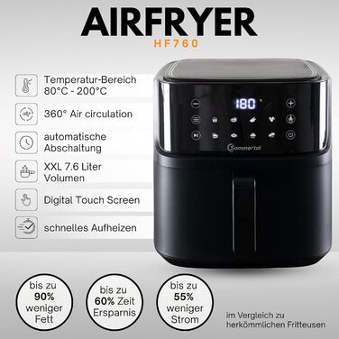 Фритюрниця повітряна Sommertal HF760-7,6L XXL з сенсорним екраном, 8 програм, 2000 Вт - енергозберігаюча та здорова, велика фритюрниця