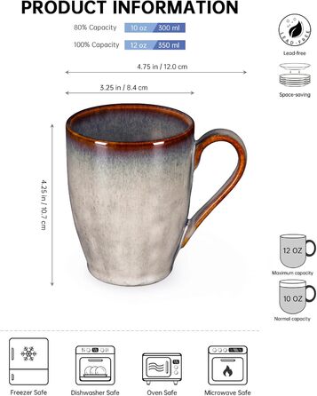 Henten Home Coffee Mug Set, Ceramic, 4-Piece - 350ml for Coffee, Cappuccino, and Latte Macchiato - Beige