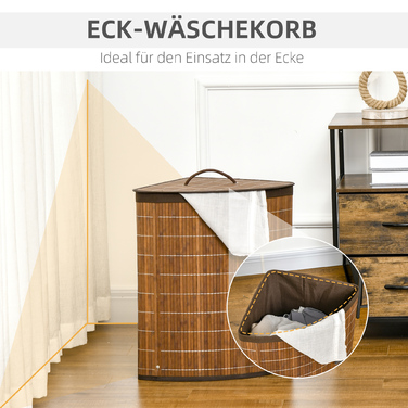 Кошик для білизни HOMCOM 55L з кришкою та ручкою, контейнер для збору білизни, коробка для білизни з бамбука, коричневого кольору, знімний мішок для білизни, ідеально підходить для сортування білизни.