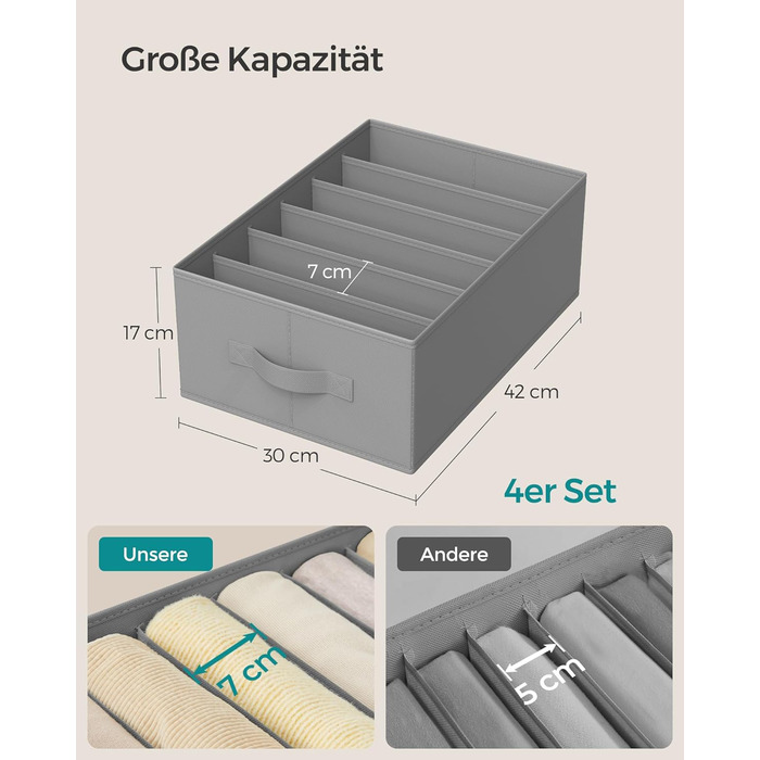 SONGMICS Closet Organizer 6-Piece Set, Storage Box with 6 Compartments, Drawer Organization System, Foldable Storage Boxes, 42 x 30 x 17 cm, for Pants, Clothes, dove-grey RUS009G03