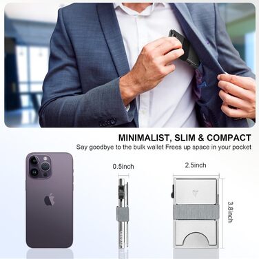 Чоловічий гаманець TOYFID з кишенькою для AirTag, 12 відділень для карток, відділення для грошей, RFID захист, з кнопкою виштовхування карт, алюміній, сріблястий