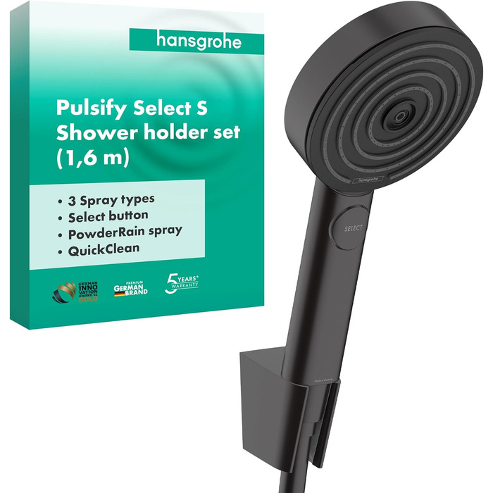 hansgrohe Pulsify Select S Shower Set, showerhead with hose and holder, handheld shower with 3 spray modes Relaxation, Matte Black