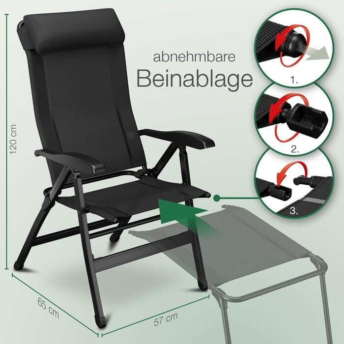 ELONEO Folding Camping Chair with Removable Footrest, Folding Chair made of Aluminum, Folding Garden Chair, Reclining Chair with Adjustable Backrest, Camping Chair (Folding Chair with Footrest (Basic), Black)
