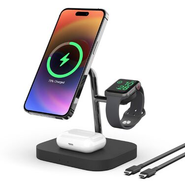 Бездротовий зарядний пристрій Boaraino 3-в-1 для iPhone 15/14/13/12, Apple Watch, AirPods – Чорний