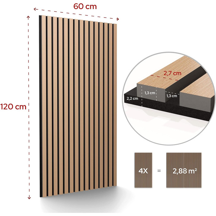 Акустичні настінні панелі Arebos 10x60 см, ламелі під дуб для стін та стелі, звукопоглинаючі декоративні панелі для покращення акустики приміщення (дуб, 4 шт.)