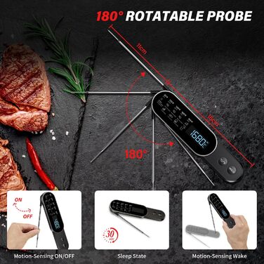 Бездротовий термометр для м'яса з миттєвим зчитуванням, ±0.3°C, IP67, для приготування на грилі, барбекю, кухні. Термометр для м'яса з LCD екраном