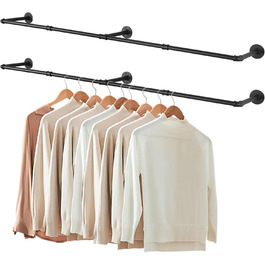 Yawinhe Industrial Pipe Clothes Racks, 180cm Clothes Rail for Wall, Space-Saving Wall Shelf Kitchen Shelf with 3 Bases, for Business, Black, YMG004 (2-Pack)