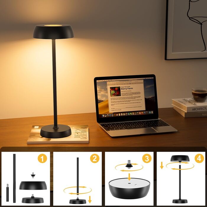 Світлодіодна настільна лампа бездротова з регулюванням яскравості, сенсорним керуванням, 4 режими освітлення, акумуляторна, для спальні, домашнього офісу, кемпінгу - 1 шт.