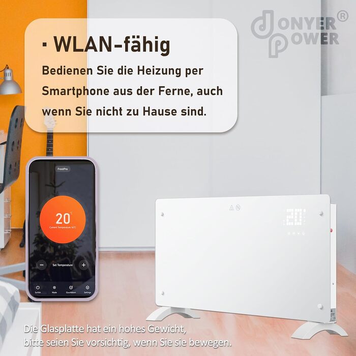 Конвектор DONYER POWER 2000W з Wi-Fi, білий, настінний/підлоговий, таймер, пульт керування, скляна панель