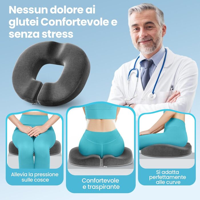 Ортопедична подушка для сидіння Benazcap Donut - для офісних крісел, авто та інвалідних візків. З memory foam для геморою, ішіасу, вагітності та після пологів (сіра)