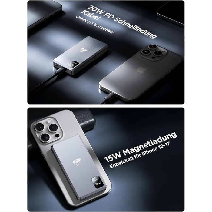 Портативний зарядний акумулятор Powerbank з MagSafe, 5000mAh, 20W PD, 15W Wireless, USB-C, для iPhone, AirPods (Сірий)