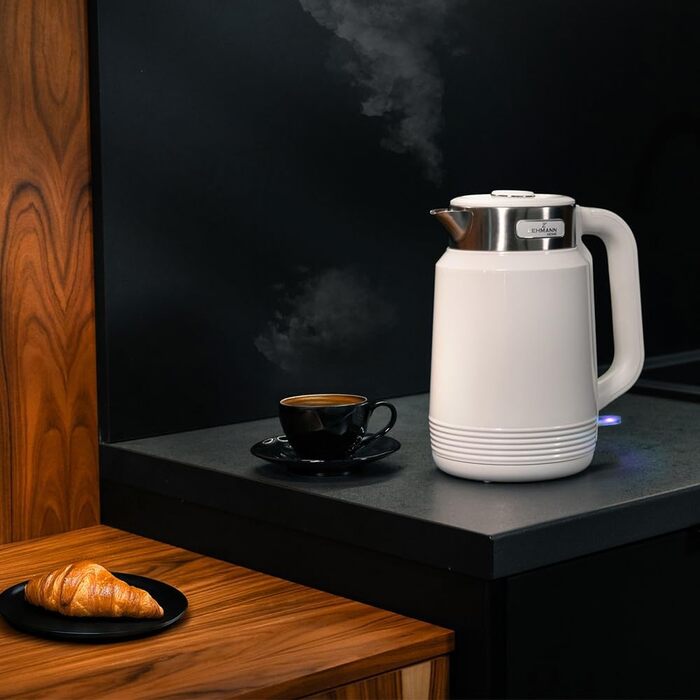 Електричний чайник LEHMANN з нержавіючої сталі 2L, 2200W, швидкий нагрів, подвійні стінки, автовимкнення та захист від перегріву, BPA-free, для великих сімей та офісів, білий