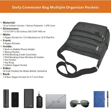 Чорна сумка-перехресна W&G Traveler з RFID захистом, відділенням для ноутбука 13 дюймів, кишенями для телефону та документів, та тримачем для пляшки води