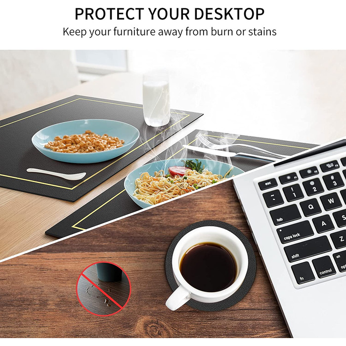 RIWNNI Placemats PU Leather 6-Piece Set, Placemats and Coasters Set, Washable Leather-Look Placemats, Waterproof Non-Slip Heat-Resistant Faux Leather Table Placemats, 41x31cm Table Mat, Light Gray