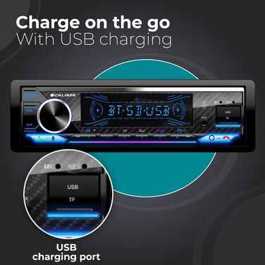 Автомагнітола Caliber 1DIN Bluetooth, FM-тюнер, 4x100Вт, USB/MicroSD, зарядка 2.1A, AUX, гучний зв'язок, зовнішній мікрофон, RCA, MP3/WMA/APE/FLAC