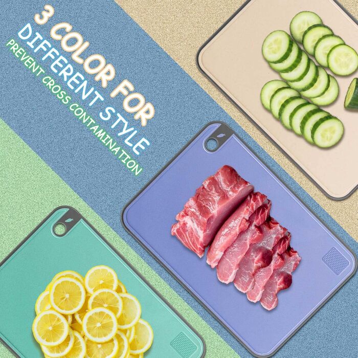 Набір з 3 дерев'яних обробних дощок для кухні, великі, антибактеріальні, з канавкою для соку, стійкі до ковзання, для овочів/фруктів/м'яса, бежевого, зеленого та темно-синього кольорів