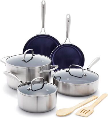 Набір кухонного посуду Blue Diamond Stainless Clad Pro 10 предметів: нержавіюча сталь, з покриттям з алмазної крихти, антипригарне покриття, PFOA-free, для духовки, можна мити в посудомийній машині, сріблястого кольору