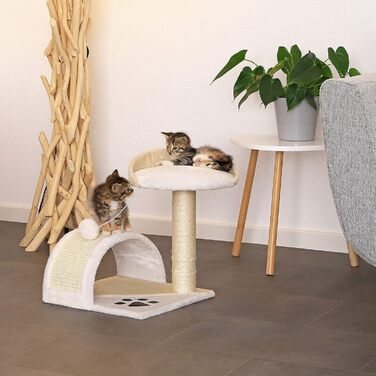 Kratzbaum, small with plush ball & scratching arch, height 43 cm, cozy lying area made of soft plush, stable with sisal rope for claw care, suitable for small & large cats, beige/white