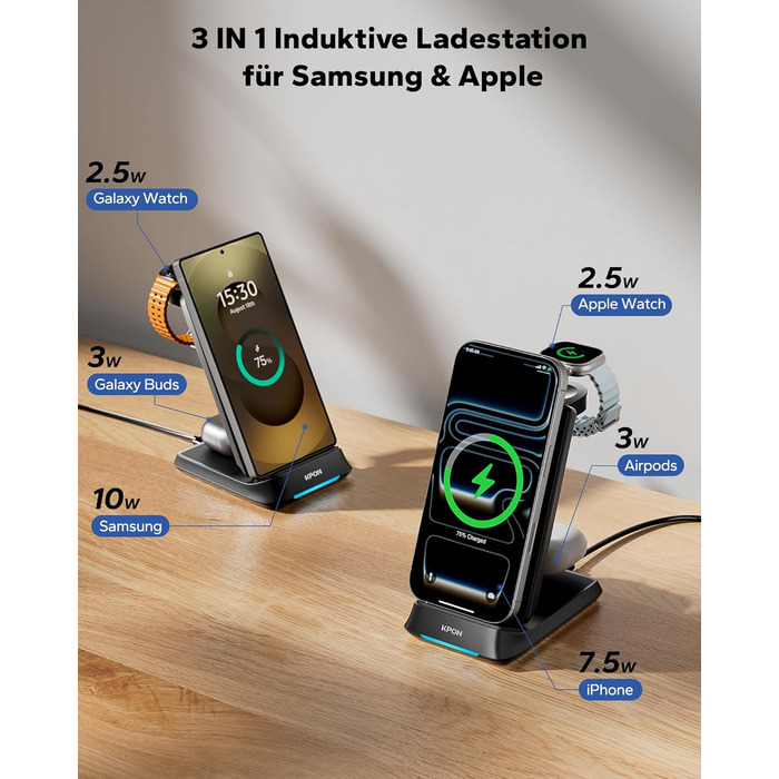 Бездротова зарядна станція 3-в-1 KPON для Samsung Galaxy Watch та смартфонів (S26/S25/S24/S23/S22/Z Flip/Fold, Buds) - Чорна, складна, індуктивне заряджання