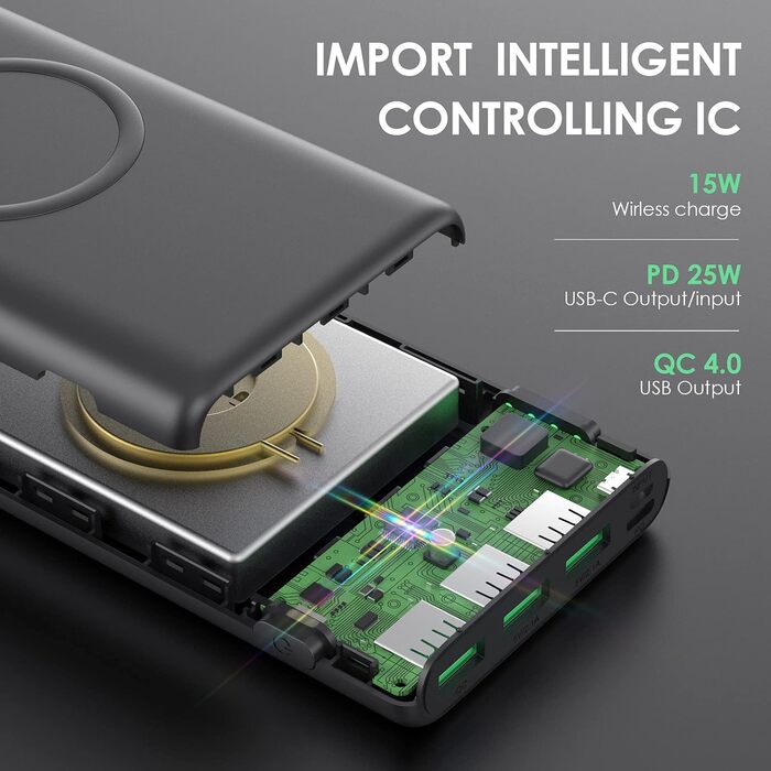 Портативний зарядний пристрій Powerbank 26800mAh з бездротовою зарядкою 25W PD3.0+QC4.0, 15W, 4 виходи USB-C, LCD дисплей, чорний (Q5)