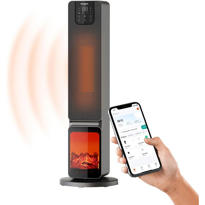 Електричний обігрівач Wintem Tower 800/2000W з LED-дисплеєм, пультом керування та автоосіляцією. Економний, до 20 м², захист від перегріву, чорний.