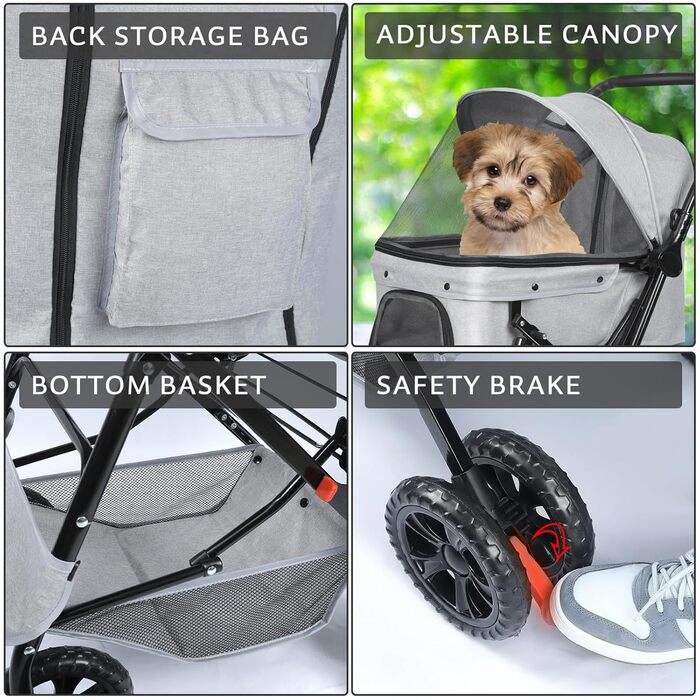 Візок для собак Wedyvko до 20 кг, 4 колеса, складний, для маленьких та середніх собак та котів, з кошиком для зберігання та тримачем для напоїв (сірий)