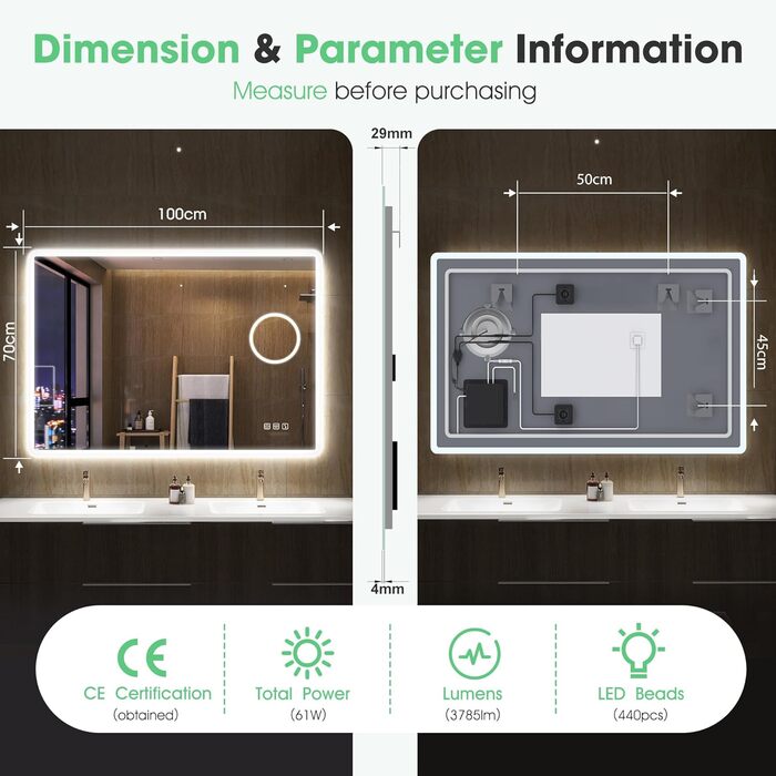 Дзеркало для ванної кімнати S'bagno з підсвічуванням 80x60 см, LED, Bluetooth, протитуманне покриття, 3 кольори, регулювання яскравості, пам'ять, загартоване скло, IP44, горизонтальне/вертикальне встановлення