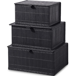 Honeycomb Storage Basket with Lid, Woven - Bamboo Decor Storage Boxes, Set of 3 Rattan Basket with Lid Woven Fabric Insert for Bathroom Kitchen Shelf Organization (Large/Medium/Small) (Black Box)