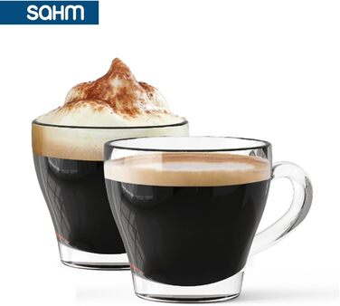 Sahm Cappuccino Glasses with Handles Set (6 PCS) - 180ml Cappuccino Cups Set - Dishwasher Safe - Ideal Teacups with Handles