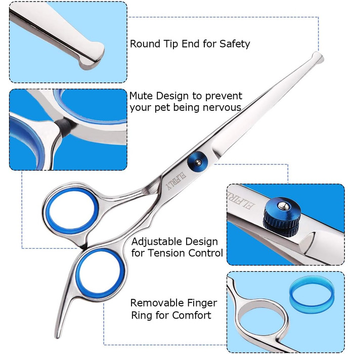 Набір професійних ножиць для грумінгу собак, нержавіюча сталь, круглі кінчики, ножиці для розрідження, вигнуті ножиці, набір ножиць для стрижки шерсті домашніх тварин з інструментом для стрижки нігтів