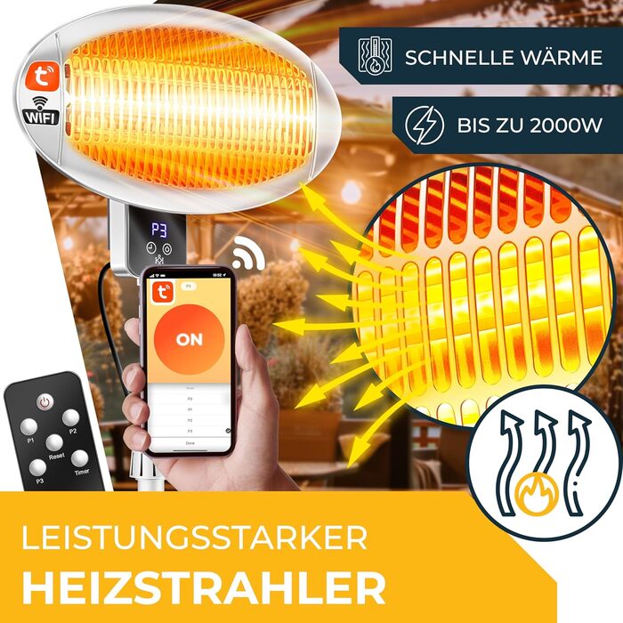 Інфрачервовий обігрівач KESSER® 2000W з Wi-Fi та пультом дистанційного керування, 360° обертання, регулювання висоти, настінний/підлоговий монтаж, захист від перекидання, IPX4, для тераси, балкону та саду
