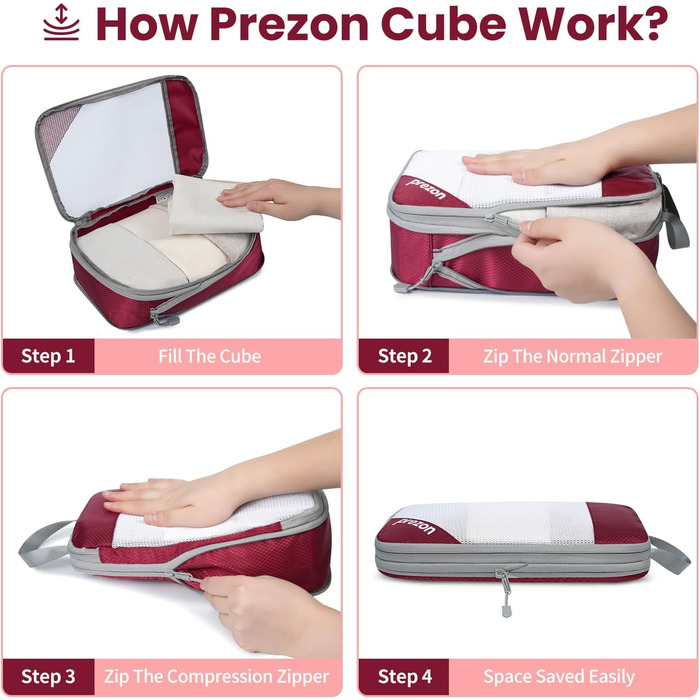 Набір компресійних органайзерів для валізи 6 шт., прозорі, бордовий - економія місця, міцний матеріал