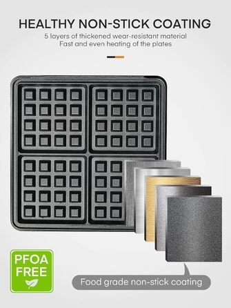 Вафельниця FOHERE з 4 пластинами, 1200W, бельгійські вафлі, антипригарне покриття, регулятор засмаги, нержавіюча сталь – ідеально для сімейного сніданку, чорний